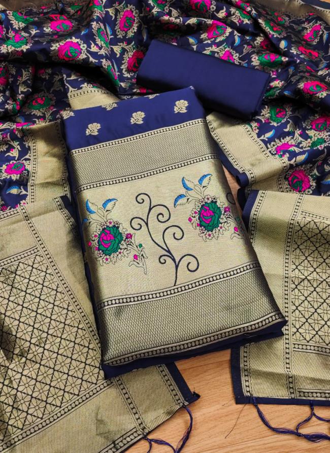 Banarasi Silk Navy Blue Traditional Wear Weaving Dress Material